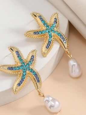 Anthropologie Gold Starfish Earrings with Blue and Teal Crystals and Pearl Drops